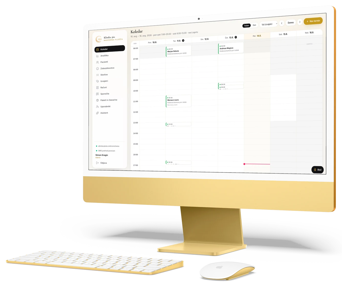 Ordion Clinic week calendar with session blocks on an iMac in the clinic gold.