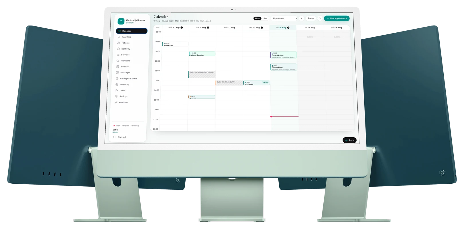 Ordion week calendar with provider columns on green iMacs.